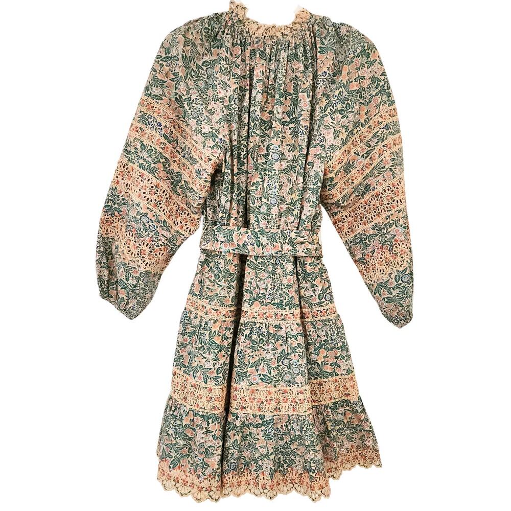 Ulla Johnson Dress Floral Cotton Mini Long Sleeve Green Pink Boho Ardith Sz 8 - Picture 7 of 14